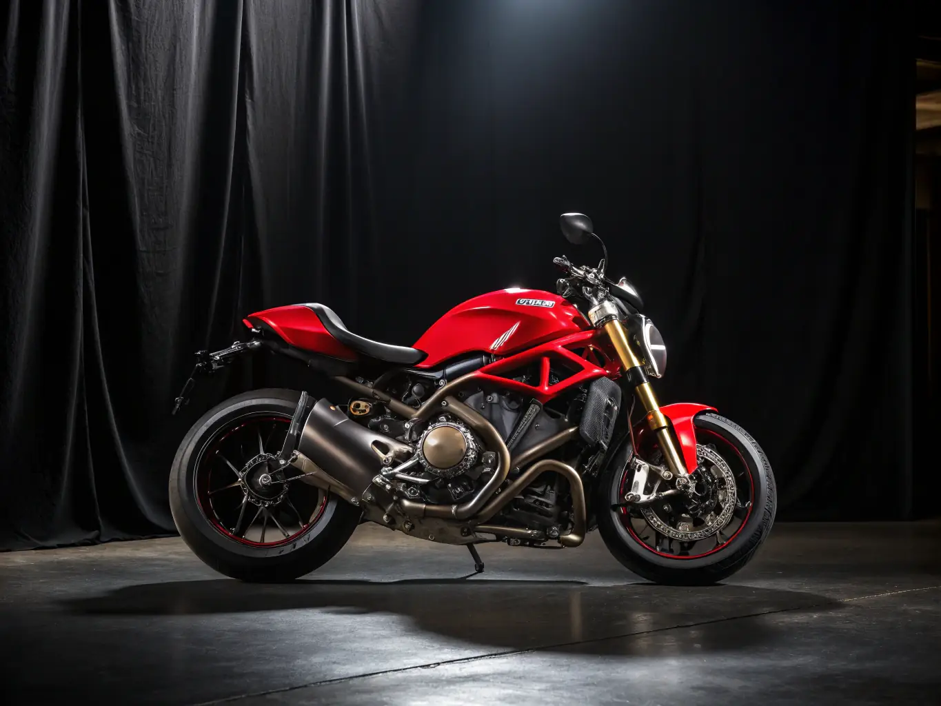 A visually appealing image highlighting the Ducati's design elements, such as its frame, suspension, and braking system, emphasizing its performance-oriented engineering.