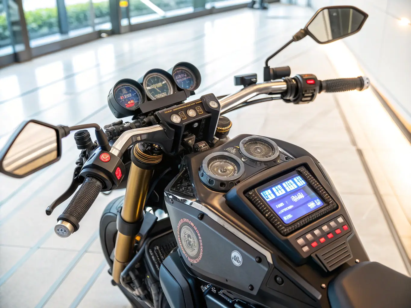 A high-quality image showcasing the Ducati's advanced electronics and rider aids, such as traction control, ABS, and riding modes, displayed on the instrument panel.